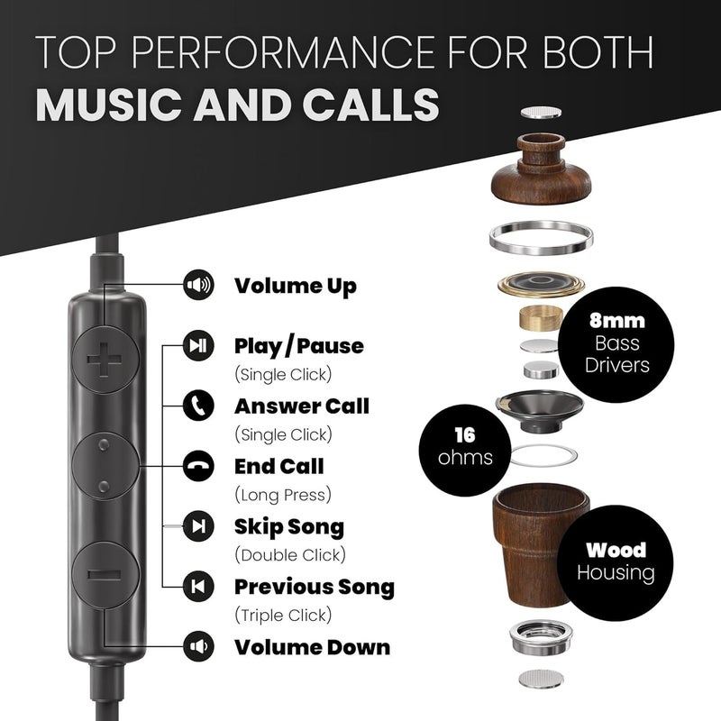 Symphonized iPhone Earphones Wired Deep Bass Sound, 3D Sound, Microphone Volume Control, 90% Noise Cancelling, Bubinga Wooden with Lightning (Apple MFI Certified), iPhone SE to 14 Earbuds (Black) - Image 3